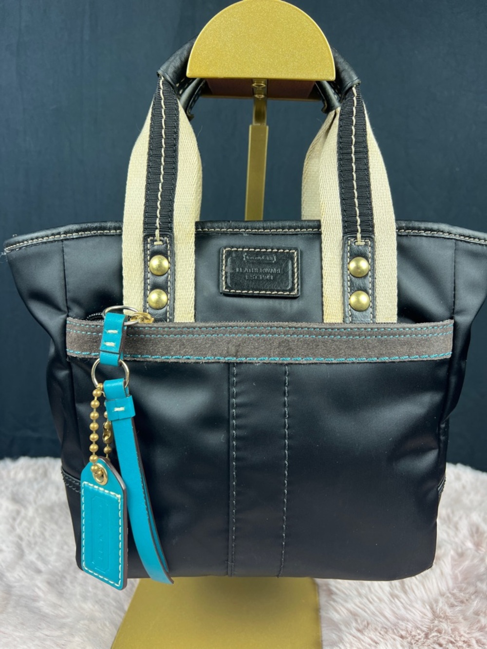 Coach Hamptons Vintage Weekend Mini Tote Black Nylon Teal Trim GUC A06M-126